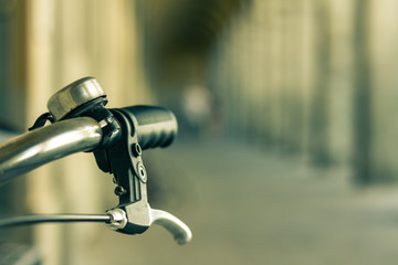 Old bicycle in the city. Ecological commuting