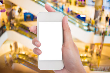 Photo blank. Women hand holding blank mobile smart phone in the