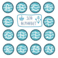 Vector hand drawn isolated sea alphabet.Monogram Letters in a po