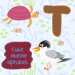 Sea very cute  Alphabet.marine set in vector.T letter.Turtle,ter