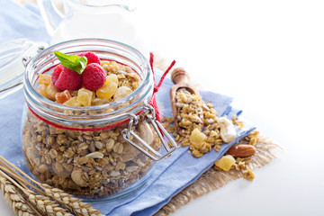 Homemade granola in a glass jar