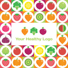 Colourful round fruit and vegetables background with place for logo or text.