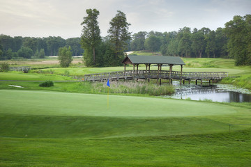 Golf course green with bridge and pond in background