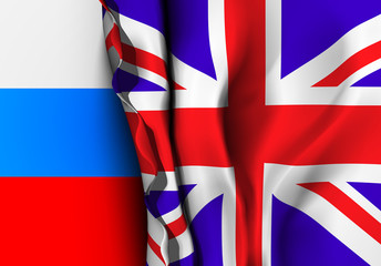 Flag of United Kingdom over the Russia flag. 