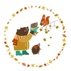 Bear, bear cub, squirrel and hedgehog walking in the autumn