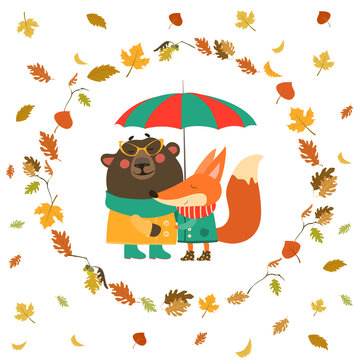 Cute fox and bear hugging under umbrella in wreath of autumn