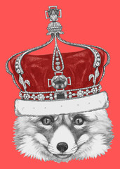Hand drawn portrait of Fox with crown. Vector isolated elements.
