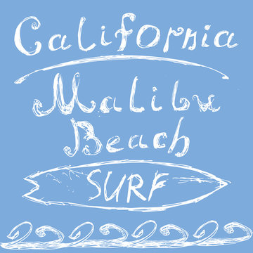 T-shirt Printing design, typography graphics Summer vector illustration Badge Applique Label California Malibu beach surf sign