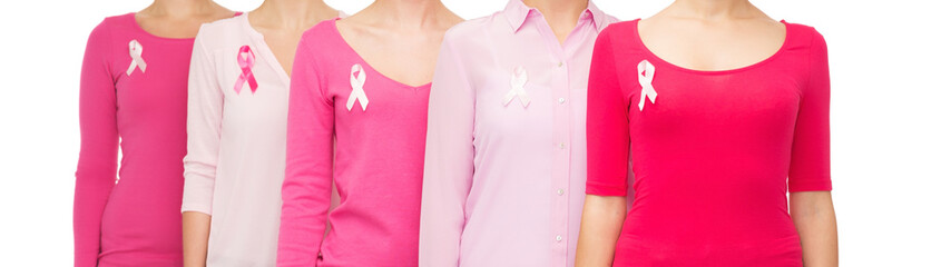 close up of women with cancer awareness ribbons