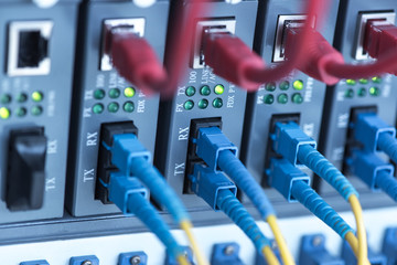 Fiber Optic cables connected to an optic ports and Network cable