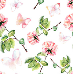 Seamless watercolour roses and butterflies background pattern