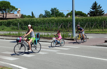 Fototapeta premium family with mom and two children cross the street in the crosswa