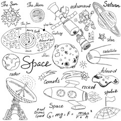 Naklejka premium Space doodles icons set. Hand drawn sketch with Solar system, planets meteors and comats, Sun and Moon, radar, astronaut rocket and stars. vector illustration isolated background