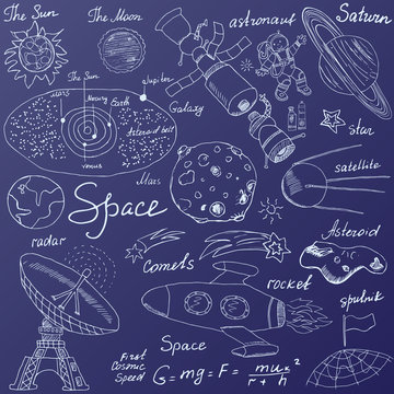 Space doodles icons set. Hand drawn sketch with Solar system, planets meteors and comats, Sun and Moon, radar, astronaut rocket and stars. vector illustration on blue background