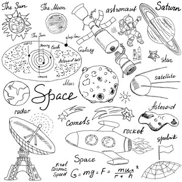 Space doodles icons set. Hand drawn sketch with Solar system, planets meteors and comats, Sun and Moon, radar, astronaut rocket and stars. vector illustration isolated background