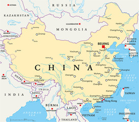 China political map with capital Beijing, national borders, important cities, rivers and lakes. English labeling and scaling. Illustration.