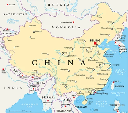 China political map with capital Beijing, national borders, important cities, rivers and lakes. English labeling and scaling. Illustration.