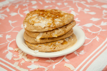 Whole Grain Coconut Pancakes with Maple Syrup