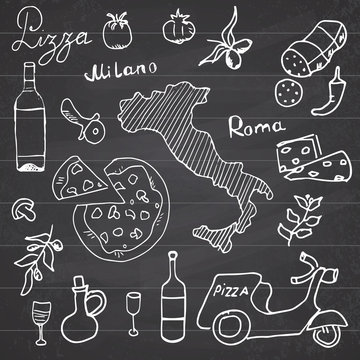 Italy doodles elements. Hand drawn set with pizza scooter, wine, cheese and map. Drawing doodle collection, on chalkboard background