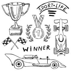 Sport auto items doodles elements. Hand drawn set with Flag icon. Checkered or racing flags first place prize cup. medal and rasing car, race vector illustration. Drawing doodle collection isolated