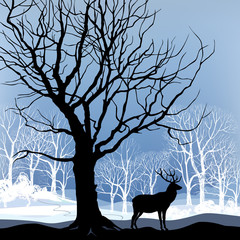 Snow winter forest landscape with deer. Abstract vector illustration of winter forest. 