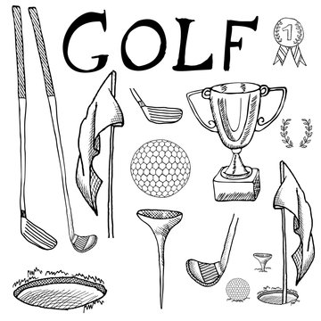 Golf Sport Hand Drawn Sketch Set Vector Illustration With Golf Clubs, Ball, Tee, Hole With Flag, And Prize Cup, Drawing Doodles Elements Collection, Isolated On White Background