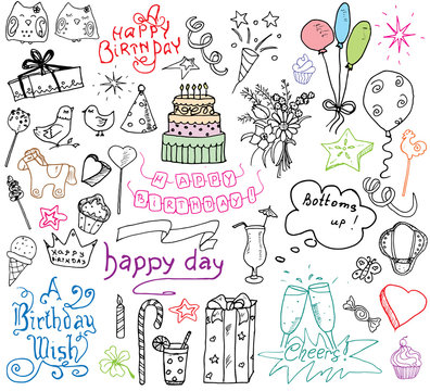 Birthday elements. Hand drawn set with birthday cake, balloons, gift and festive attributes. Children drawing doodle collection, isolated on white background