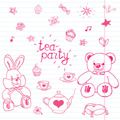 Hand drawn vector illustration set of tea party with stuffed toys, tea pot, cups, pancakes, sweets birds and butterflies, cute items doodles elements