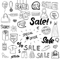 Sale signs and price discount tags, shopping associated symbols. Hand-Drawn set of design elements with hand written Lettering. Vector Illustration Sketchy Doodles isolated on white background