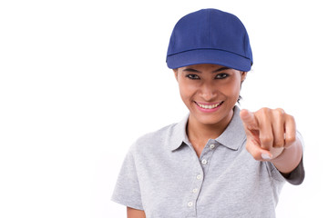 happy, smiling woman worker or service staff pointing at you