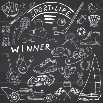 Sport life sketch doodles elements. Hand drawn set with baseball bat, glove, bowling, hockey tennis items, race car, cup medal, boxing, winter sports. Drawing collection, on chalkboard background