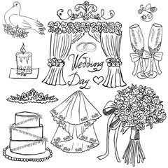 Wedding day elements. Hand drawn set with flowers, candle, glasses for champaign and festive attributes. Drawing doodle collection, isolated on white background