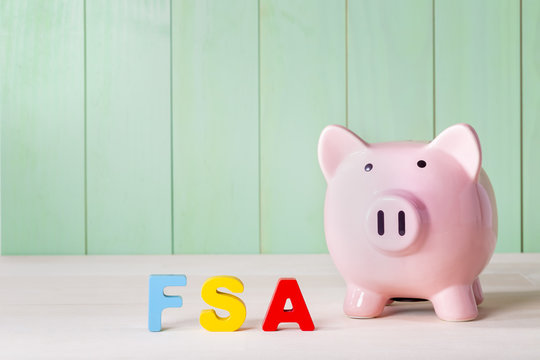 FSA theme with wood block letters and a piggy bank