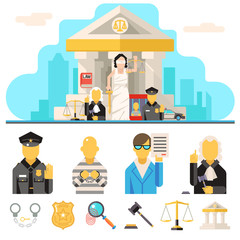 Courthouse Law Icons Set Justice Symbol Concept on City