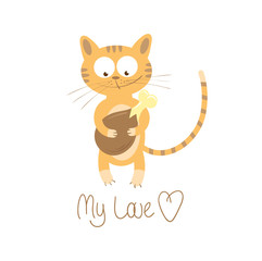 Card with cute cartoon cat who with love looks at chicken quarter.