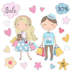 Cute shopping girl and boy with shopping bags. Funny characters.