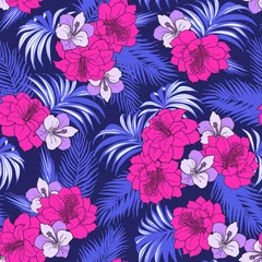 Gardinen Seamless exotic pattern with tropical leaves and flowers. Blooming jungle. Neon colors. © Juliett Illustration