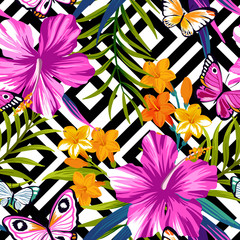 Tropical floral seamless pattern with butterflies. Hibiscus and palm leaves on geometric background