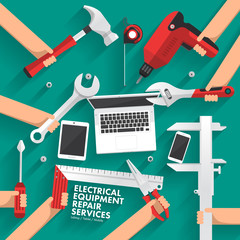 Flat design concept repair computer, mobile, tablet services. Vector illustrate
