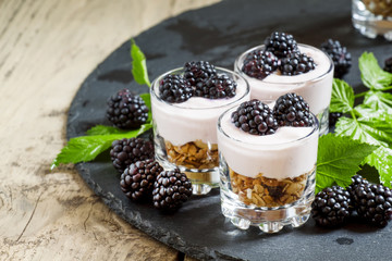 Homemade granola with yogurt and blackberry in glass bowls, heal