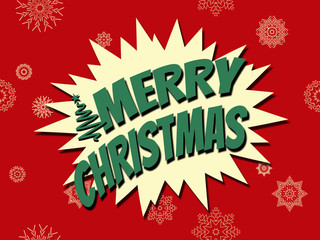 Merry Christmas comic style illustration with Christmas tree and snowflakes decoration on red background
