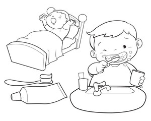 cute boy wakeup line art