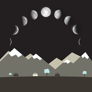 Abstract Vector Flat Design Night Landscape with Moon Phases