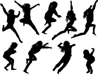 nine jumping girl silhouettes collection on white