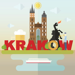 Fototapeta premium Кrakow symbols. Most famous symbols of Krakow: cathedral, beer, dragon, krakow roll