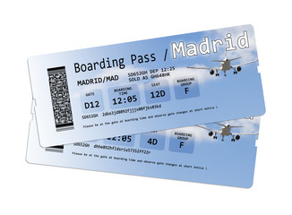 Fototapeta premium Airline boarding pass tickets to Madrid isolated on white