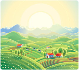 Obraz premium Rural morning landscape with houses and cows.