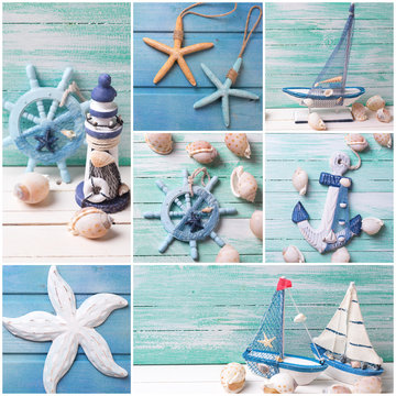 Collage from photos with sea theme decorations