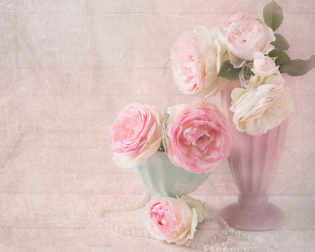 Sweet pink roses flowers in vases