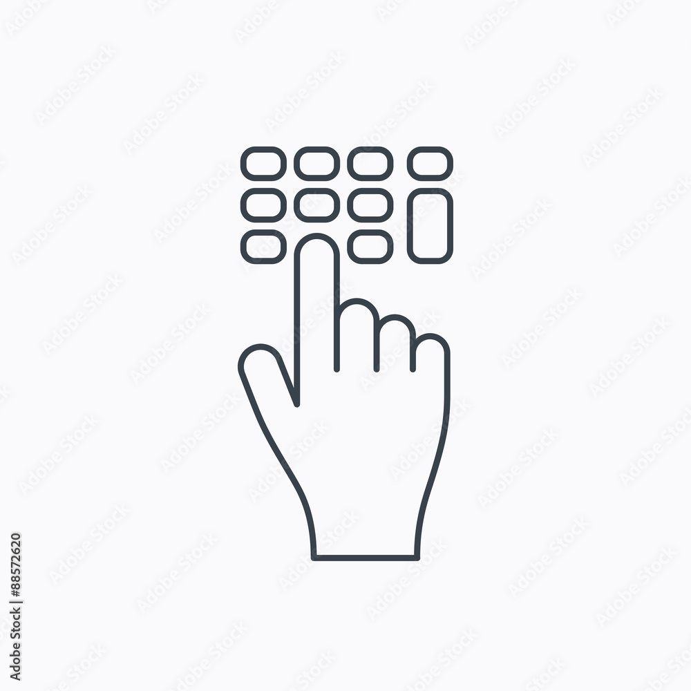 Poster enter pin code icon. click hand pointer sign.